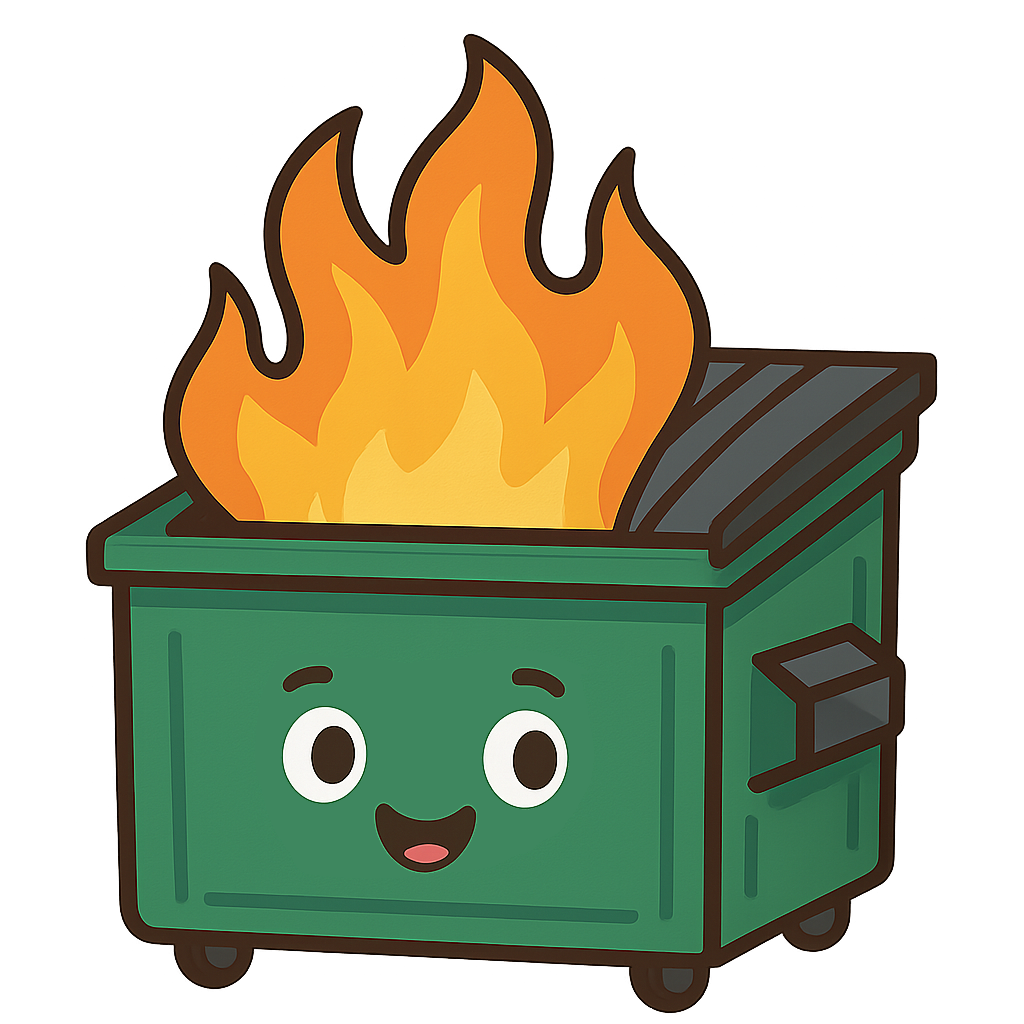 Smiling cartoon dumpster on fire.